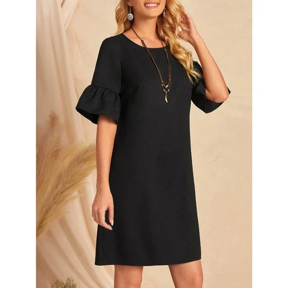 boho short sleeve Bell Cuff Tunic Dress black - Picture 3 of 5